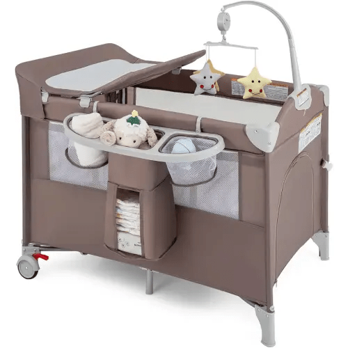 BABY JOY 5-in-1 Pack and Play, Portable Baby Bedside Sleeper with Bassinet, U-Shaped Diaper Changer, Safety Strap, Side Zipper Entrance, Bedside Crib Playard from Newborn to Toddlers (Coffee)