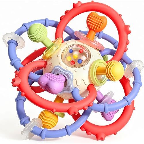 Baby Teething Toys 3-6 6-12 Months, Silicone Teether Ball with Rattle