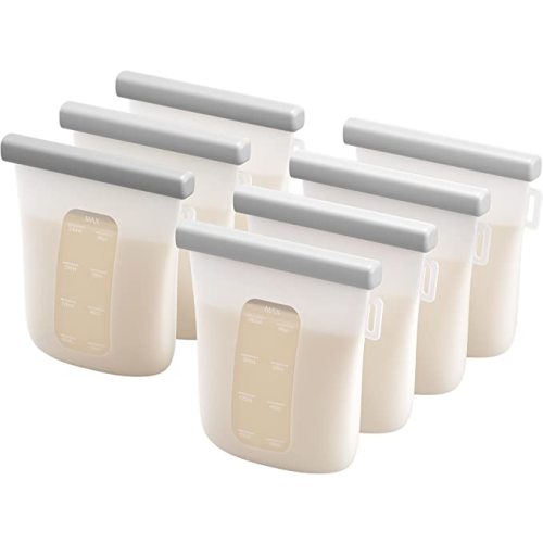 Nuliie 7 Pcs Silicone Breast Milk Storage Bags, Reusable Baby Food Pouches, Double Leak-Proof Breastmilk Freezer Bags, BPA Free 8oz/240ml Self-Standing Milk Bags for Breastfeeding