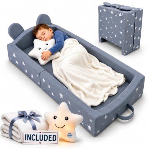 XL Portable Toddler Bed for Travel + Blanket + Pillow, Up to 7 Years Old | 3" Extra Thick Foldable Toddler Bed | Foldable beds & Kids Sleeping Cot in Ultra Soft Velvet