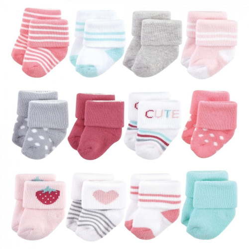 Hudson Baby Infant Girl Cotton Rich Newborn and Terry Socks, Strawberry 12Pk, 0-6 Months