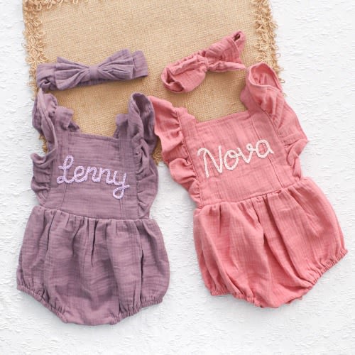 Personalized Baby Romper, Custom Name Ruffle Romper, Muslin Organic Cotton Bubble Romper, Embroidered Outfit Baby Girl Summer, Newborn Gift