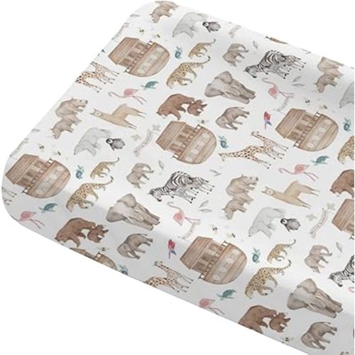 Changing Pad Cover for Baby Girls Boys, 32"/34" x 16" Safe Snug Diaper Change Table Pad Covers, Soft Stretchy Changing Pad Sheets Noah’s Ark Animals Theme Nursery Decor
