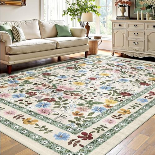 Deerly Floral Area Rugs 5x7 Vintage Boho Washable Non-Slip Living Room Carpet Soft Low Pile Colorful Thin Bedroom Floor Mat Indoor for Dining Room Playroom Nursery Farmhouse, Beige/Green/Multi