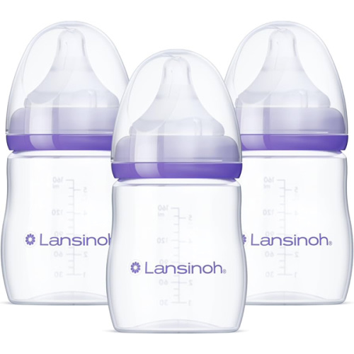 Lansinoh Anti-Colic Baby Bottles for Breastfeeding Babies, 5 Ounces, 4 Count, Includes 4 Slow Flow Nipples, Size S
