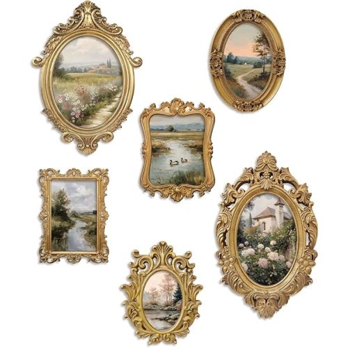 Vintage Gold Framed Wall Art Set of 6, 3D Baroque Frames with Countryside Landscape Prints of Cottage, River, Meadow, and Garden Scenes, European Style Decor for Living Room, or Farmhouse Gallery Wall