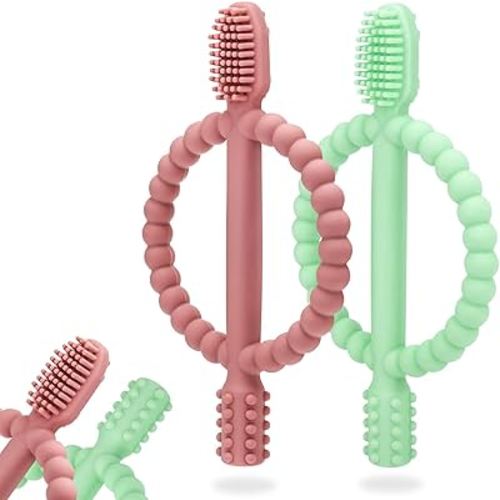 Baby Teething Toys with Easy-Hold Handle, Silicone Infant Toothbrush, Textured On Both Sides Helps Massage, Soothe Sore Gums, Teething Toys for Babies 0-6 Months, 6-12 Months Bright Green & Caramel