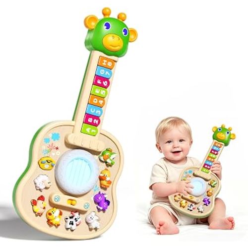 Toddler Montessori Toys for 1 Year Old Boy Girl, Birthday Gifts for 1 Year Old Boys Girls, Toddler Educational Learning Guitar Toys with LED-Light & Animals Sounds, 1st Birthday Boy Girl Gifts