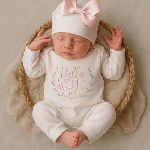 Newborn Girl Coming Home Outfit: Hello World Romper & Hat Set