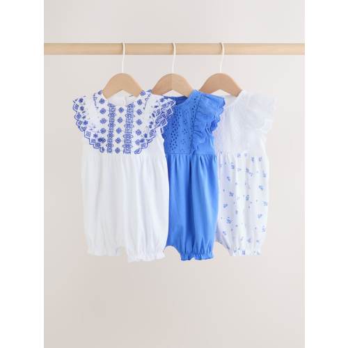 Blue Floral Broderie Broderie 3 Pack Baby Rompers