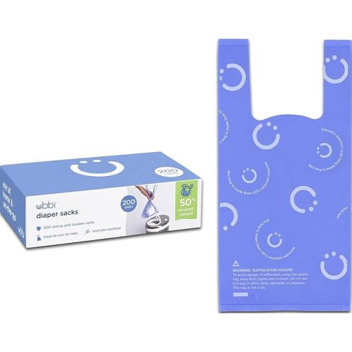 Ubbi Disposable Baby Diaper Sacks, Lavender Scented, 200 Count | Easy-To-Tie Tabs, Made from 50% Recycled Material, Disposable On-The-Go Bags, Diaper Bag and Travel Essential
