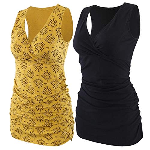 ZUMIY Nursing Maternity Top, Pregnant Breastfeeding Shirt, Women's Cotton V Neck Ruched Waist Double Layered Postpartum Tank