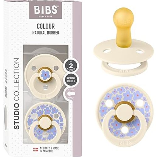 BIBS Pacifiers - Studio 2 Pack | Round Nipple Baby Pacifier | BPA Free Natural Rubber Latex Soother | Made in Denmark | Size 6+ Months | Jasmine Ivory
