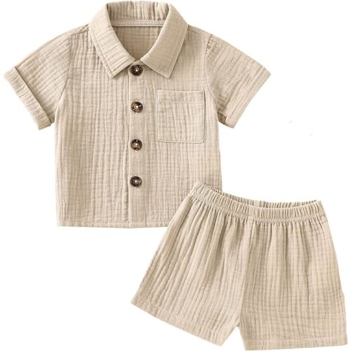 Baby Boys Clothes Set Toddler Infant Boys Button-down Shirt Tops + Cotton Gauze Shorts Summer Outfit 2PCS with Pockets