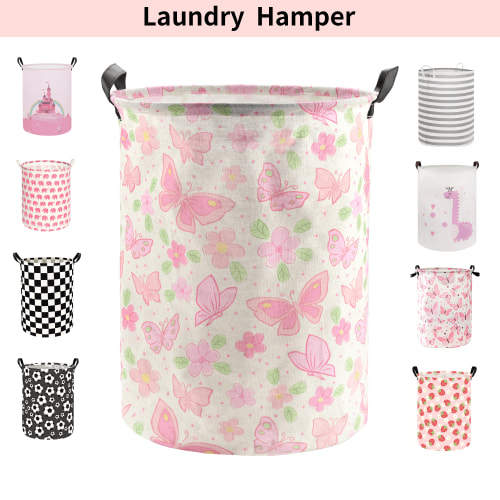 NOTIVIBE Collapsible Laundry Hamper Basket, Waterproof Fabric Storage Basket Gift Bag with Handles, Large Capacity Clothes Organizer for Bedroom, Nursery, Bathroom, Kids Room,Flower Butterfly