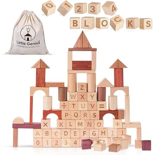 Hexagon Wooden Building Blocks for Toddlers & Kids Ages 3–8 | 86 PCS Montessori Alphabet & Number Set | FSC Beech Wood STEM Toy w/Storage & Learning Guide