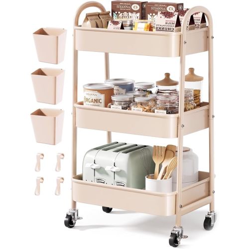 Beige 3 Tier Rolling Cart Metal on Wheels, Three Tiered Storage Organizer Utility Trolley with Wheels for Art, Craft, Baby Diaper Caddy, Bedside, Nail, Cleaning Supplies, Bathroom,Tan Postpartum Carts