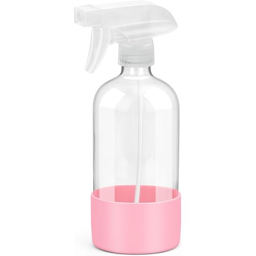 Glass Spray Bottles with Silicone Sleeve Protection, Empty 16 oz Refillable Containers, Reusable Spray Bottles with Adjustable Nozzle for Hair, Cleaning Solutions, 1 Pack Pink