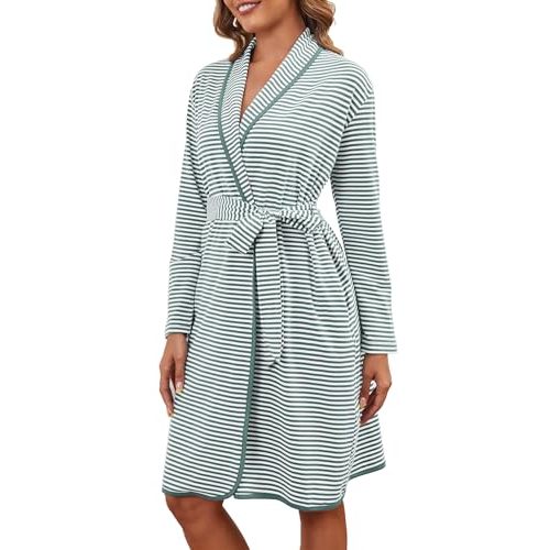 Cotton Robes for Women Striped Long Sleeve Kimono Bath Robe Lightweight House Coat Bathrobe Loungewear with Pockets