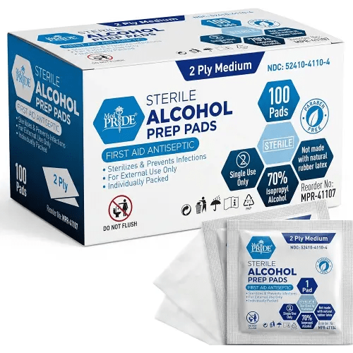 MED PRIDE Sterile Alcohol Prep Pads, Antiseptic, Individually Wrapped, Medical Grade, Latex Free, 2 Ply, 100 Count