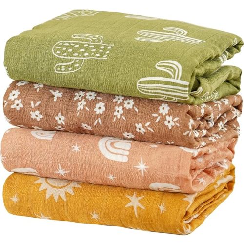4 Set Muslin Swaddle Blankets for Newborn Baby Boys, Girls,Receiving Blankets-Cute Soft Print Baby Towel Wrap 120x110cm Baby(Cactus)
