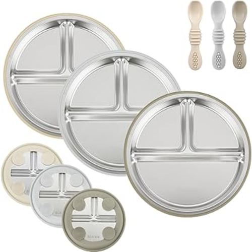 PandaEar 3 Pack Stainless Steel Baby Suction Plates & 3 Pack Baby Led Weaning Spoons, Toddler Utensils Baby Feeding Set, Divided Plates for Self-Feeding Training, BPA-Free