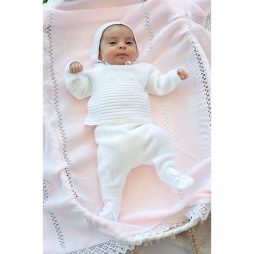 Striped Pattern Baby Knitted Set in White