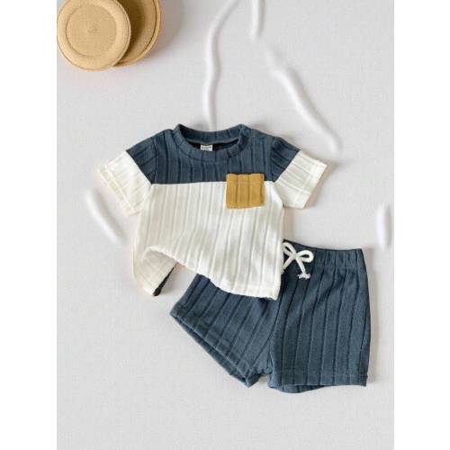 SHEIN Vintaside Kids 2pcs/Set Toddler Baby Boy Ribbed Contrast Color T-Shirt And Blue Pants Outfit, Casual Comfortable All-Match Suitable For All Occasions In Summer | SHEIN USA