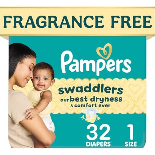 Pampers Swaddlers Diapers, Size 1 (8-14 lbs), 32 Count, Fragrance Free, Hypoallergenic, Absorbent, Pediatrician Recommended, Skin Safe