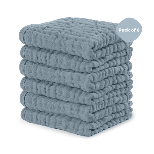 Comfy Cubs Baby Washcloths, Muslin Cotton Baby Towels, Large 10”x10” (Pacific Blue, Pack of 6)