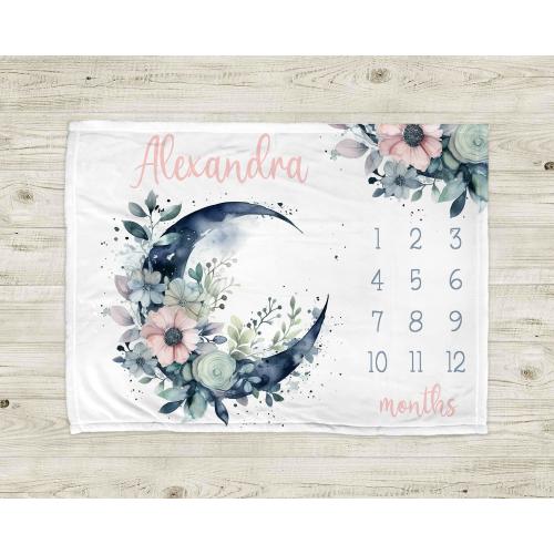 Milestone Baby Blanket: Moon and Floral Design - Personalized Name Gift