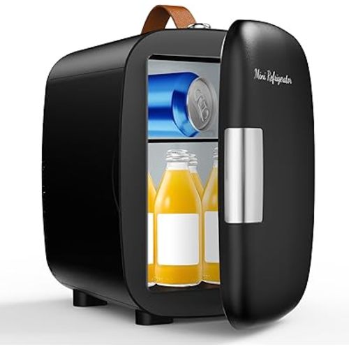 DUMOS Mini Fridge for Bedroom, 4L Compact Personal Fridge Cooler For Skincare, Drinks, And Snacks, Fits 6 Cans, Mini Refrigerator with 110V Ac/12V Dc, Ideal For Car, Dorm, Black