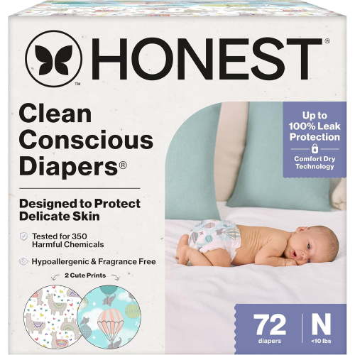 The Honest Company Comfort Dry Disposable Diapers for Sensitive Skin, Hypoallergenic, Above It All + All the Alpacas, Club Box Size Newborn 72 Count