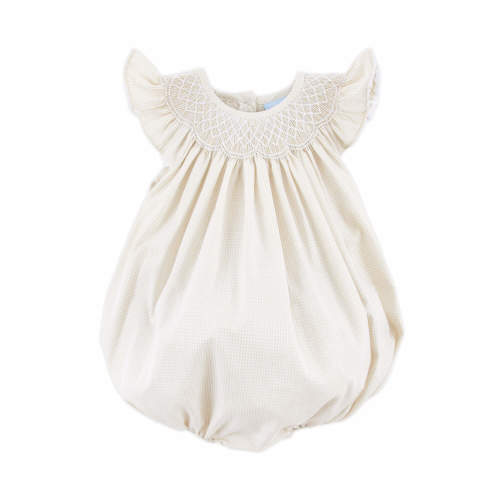 Geo Smocked Tan Gingham Angel Sleeve Bubble