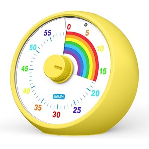 Visual Timer for Kids, 60-Minute Countdown Timer for Classroom Office Kitchen, Desk Timer Kids Time Management Tools with Silent Operation, Pomodoro Time Rainbow Pattern (Yellow)