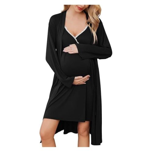 Ekouaer Women's Nursing Nightgown Maternity Nightgowns for Breastfeeding Postpartum Nightgown and Robe Pregnancy Clothes Black S