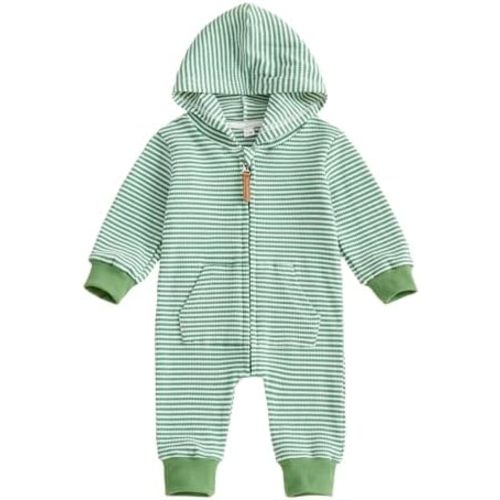 Newborn Infant Baby Boy Clothes Striped Waffle Knit Long Sleeve Zipper Hooded Romper Jumpsuit Cute Fall Winter Outfit