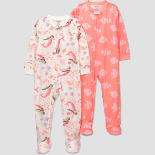 Carter's Just One You® Baby Girls' 2pc Long Sleeve Mermaids Footed Pajama Set - Orange 12M