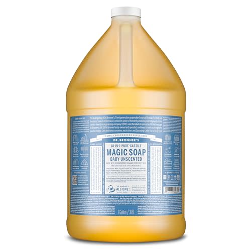 Dr. Bronner's Pure-Castile Magic Soap Liquid (Baby Unscented, 1 Gallon)  Made with Regenerative Organic Certified Oils- For Sensitive Skin, Babies, Face, Hair, Laundry, Dishes, Hand Soap & Body Wash