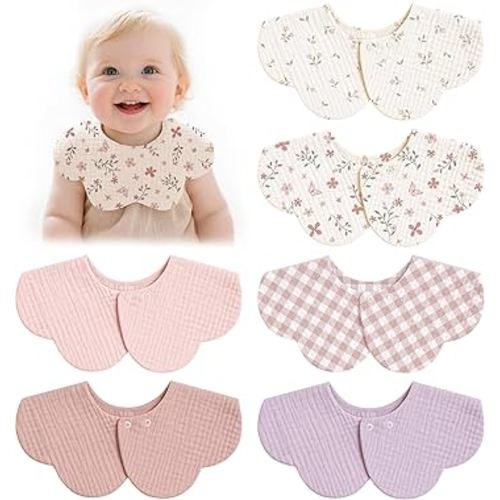 Muslin Baby Bibs, 6 Pack 100% Cotton Absorbent 360 ° Rotate Flower-Shaped Bandana Drool Bibs for Baby Girls & Boys