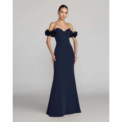 Navy Crepe Off The Shoulder Gown With 3D Flowers