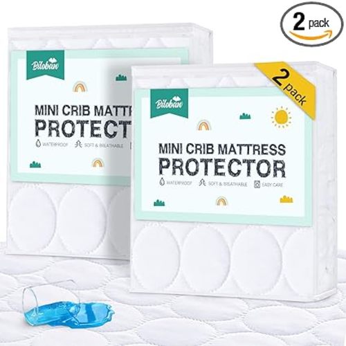 Mini Crib Mattress Protector Sheets Waterproof 2 Pack, Quilted Pack and Play Mattress Pad Cover Fits for Mini Crib/Playen/Pack and Play Mattress, White, 38"x24"