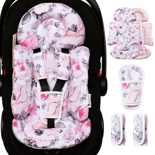 Infant Car Seat Insert, Enlarged Head Support for Baby Carseat, Reversible Newborn Insert with 3 Strap Covers, 2-in-1 Baby Car Seat Cushion for Stroller, Swing, Bouncer, Rocker - Pink Floral