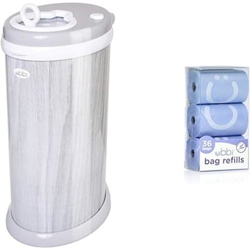 Ubbi Steel Odor Locking, No Special Bag Required Money Saving, Awards-Winning, Modern Design, Registry Must-Have Diaper Pail, Woodgrain & On-The-Go Refill Bags, Lavender Scented, Value Pack of 36