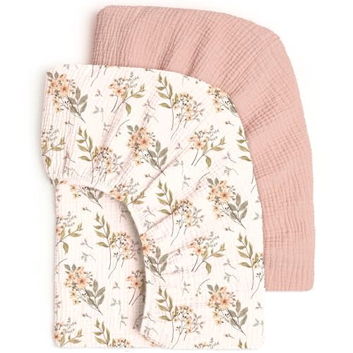 lulumoon Fitted Crib Sheets 2-Pack: Soft Muslin Cotton for Standard Crib - Boho Floral Pattern Print for Baby Girls Nursery Bedding & Gift