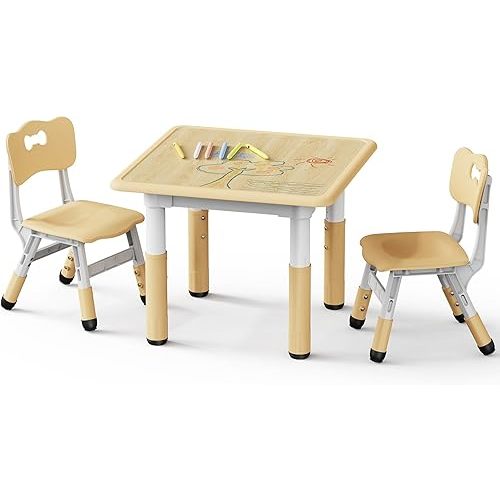 Brelley Kids Table and 2 Chairs Set, Height Adjustable Toddler Desk and Chair Set, Graffiti Desktop, Classroom/Daycare/Home, Children Multi-Activity Table for Ages 2-8