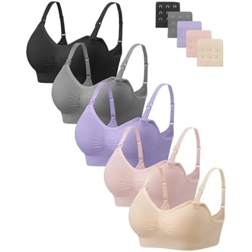 Angelhood Nursing Bra 5 Pack Womens Maternity Breastfeeding Seamless Wireless Sleep Bra with Extenders