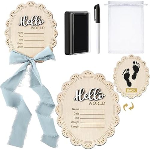 Baby Announcement Sign 7 Inch Double Sided Wooden Hello World Newborn Engraved Sign with Organza Bag Marker Pen Ink Pad Ribbon Bow for Baby Shower Hand Footprints Photo Prop (Blue Bow)