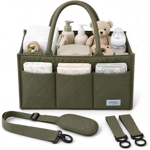 Baby Diaper Caddy Organizer, Nursery Storage Basket for Newborn Essentials, Travel Baby Basket for Diapers Baby Wipes, Organizer Tote Bag Storage Bin, Baby Shower Gifts (Olive green)