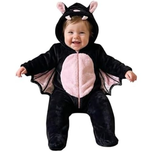 Newborn Baby Halloween Bat Costume Fuzzy Warm Zip Up Long Sleeve Hooded Footie Jumpsuit Infant Cosplay Outfit